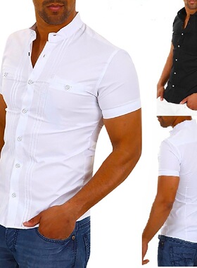 2023夏季男装简约纯色短袖拼接衬衣Solidcolor shortsleeve shirt