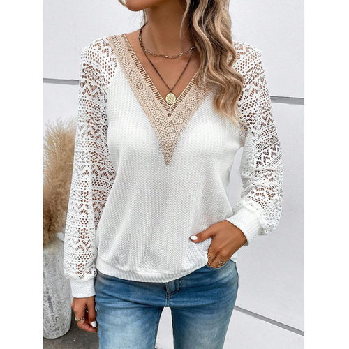 2026Autumn women's V-neck hollow lace top秋季v领镂空蕾丝上衣