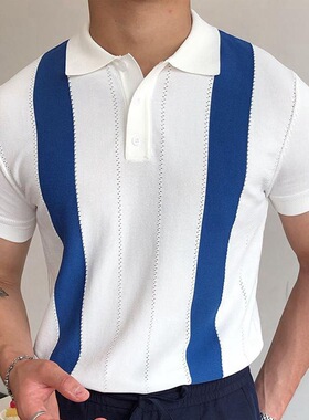 2023夏季男士短袖白色条纹修身POLO衫Short sleeve striped shirt
