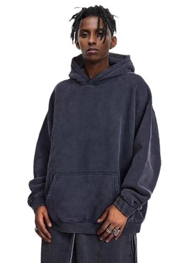男加绒加厚复古卫衣Men's solidcolor velvet thick retro hoodie