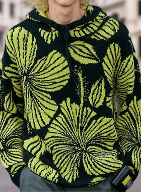 Men's Jacquard Hooded Coarse Needle Sweater 提花连帽粗针毛衣