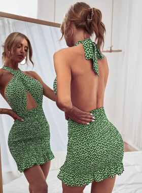 2023 Summer Sexy Flower Hanging Neck Skirt夏性感碎花挂脖短裙