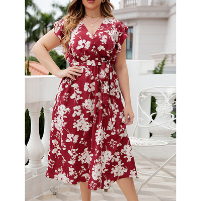 Summer sexy V-neck plus size red dress夏季v领大码红色连衣裙