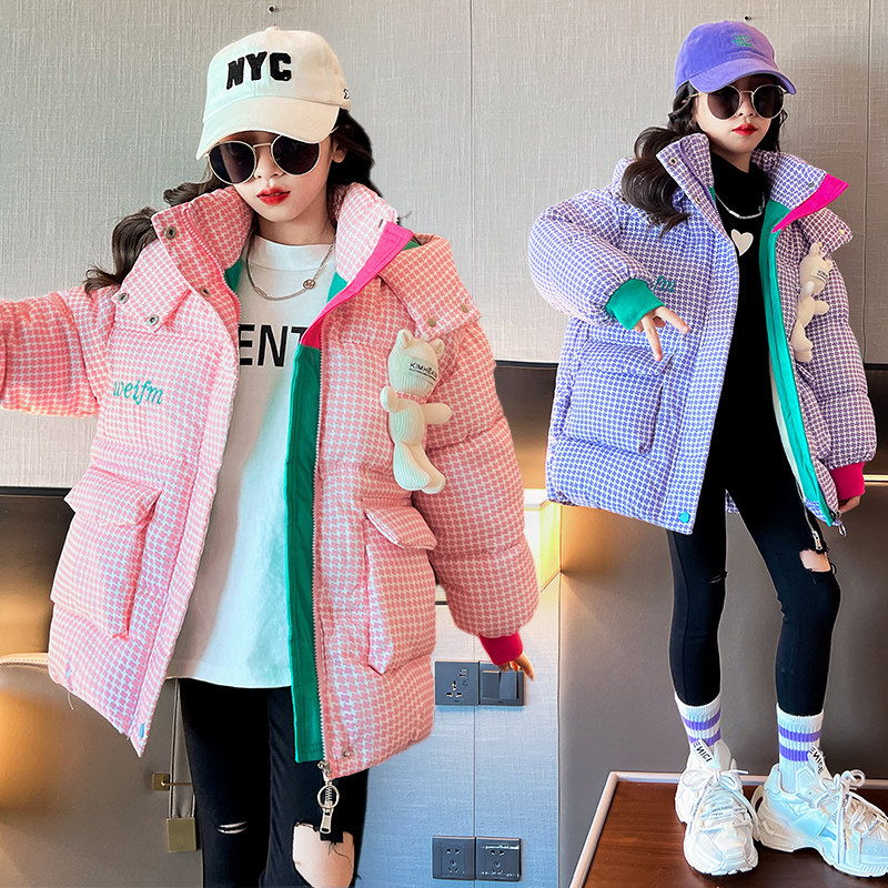 女童加厚加绒冬季千鸟格棉服