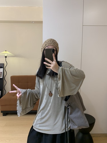 MIHOUSE复古宽松大码显瘦短袖喇叭袖冰丝T恤上衣女装夏天垂垂女装