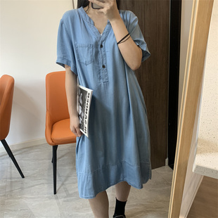 夏天穿的敲凉快薄款柔软天丝牛仔连衣裙中长款裙子2022新品