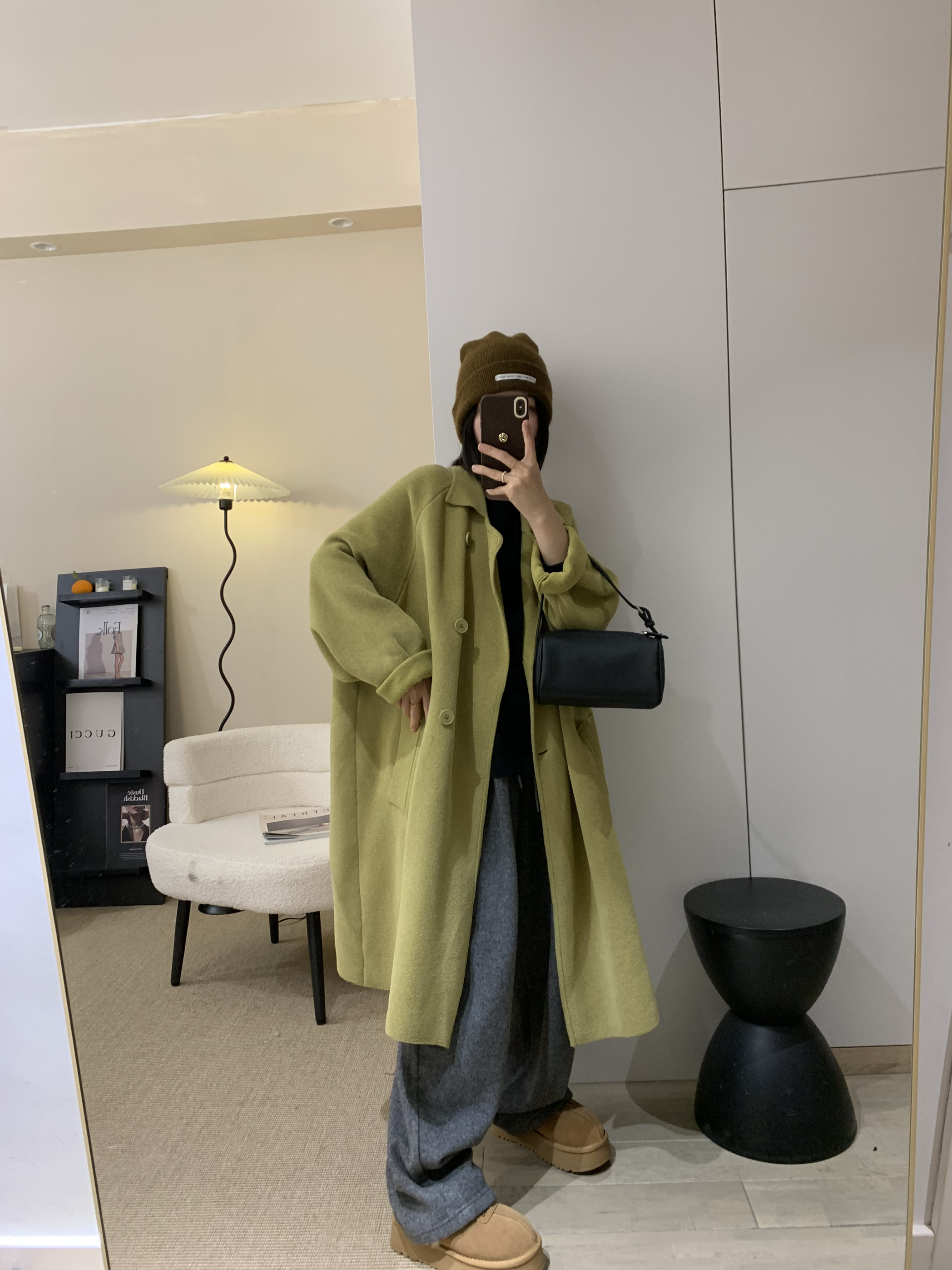 复古重工双排扣翻领不起球珍珠绒大衣外套中长款大版宽松显瘦外衣