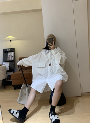慵懒风双口袋棉质白衬衫大版宽松衬衫裙夏天女新款长袖上衣防晒衣