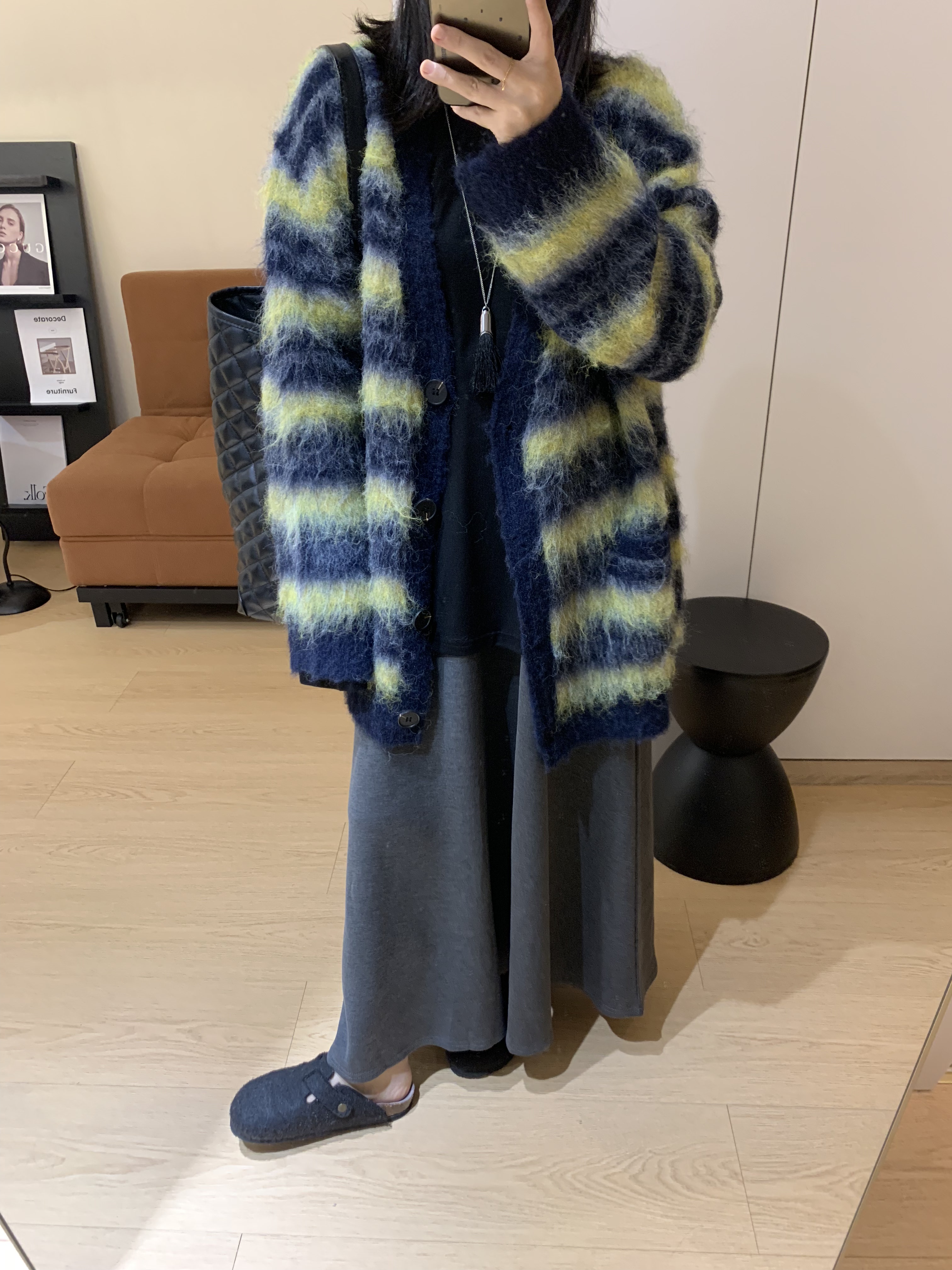 慵懒风含羊毛条纹拉毛毛衣外套开衫女宽松针织衫上衣早秋新款女装