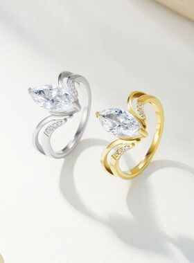 跨境欧美优雅时尚饰品钛钢金银双色V形曲线镶闪耀椭圆锆石戒指女