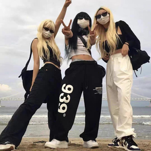 黑色印花939运动裤女爵士街舞宽松束脚直筒阔腿裤子休闲卫裤ins潮