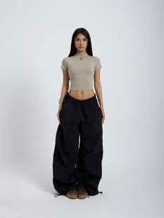美式街头爵士舞辣妹宽松工装裤重工刺绣直筒休闲抽绳运动伞兵裤女