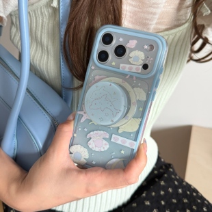蓝色海洋贝壳海豚磁吸支架适用苹果iPhone171615ProMax手机壳15新款16pro磨砂15pro全包防摔保护套高级感