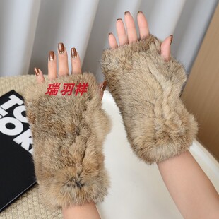 兔毛半指手套女冬季保暖露指触屏防寒护手套
