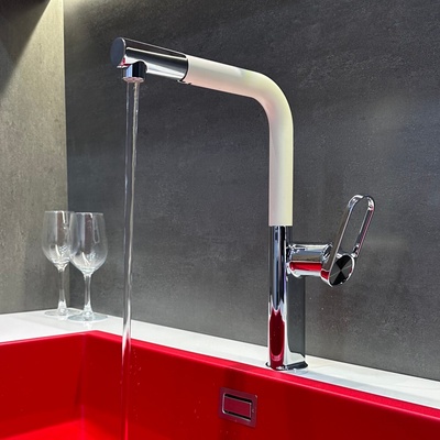 全铜奶油风厨房水龙头抽拉式洗菜