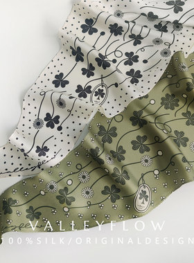 新|三叶草白色绿色波点twill绑包发带双面真丝菱形三角送礼小丝巾