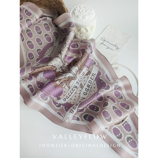 粉紫色复古碎花twill绑包发带双面长条真丝菱形三角送礼小丝巾