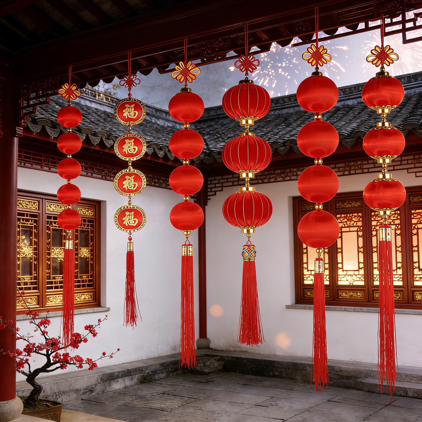 新马年春节元旦装饰室内挂件丝光球绒布球小灯笼串新年大红灯绸布