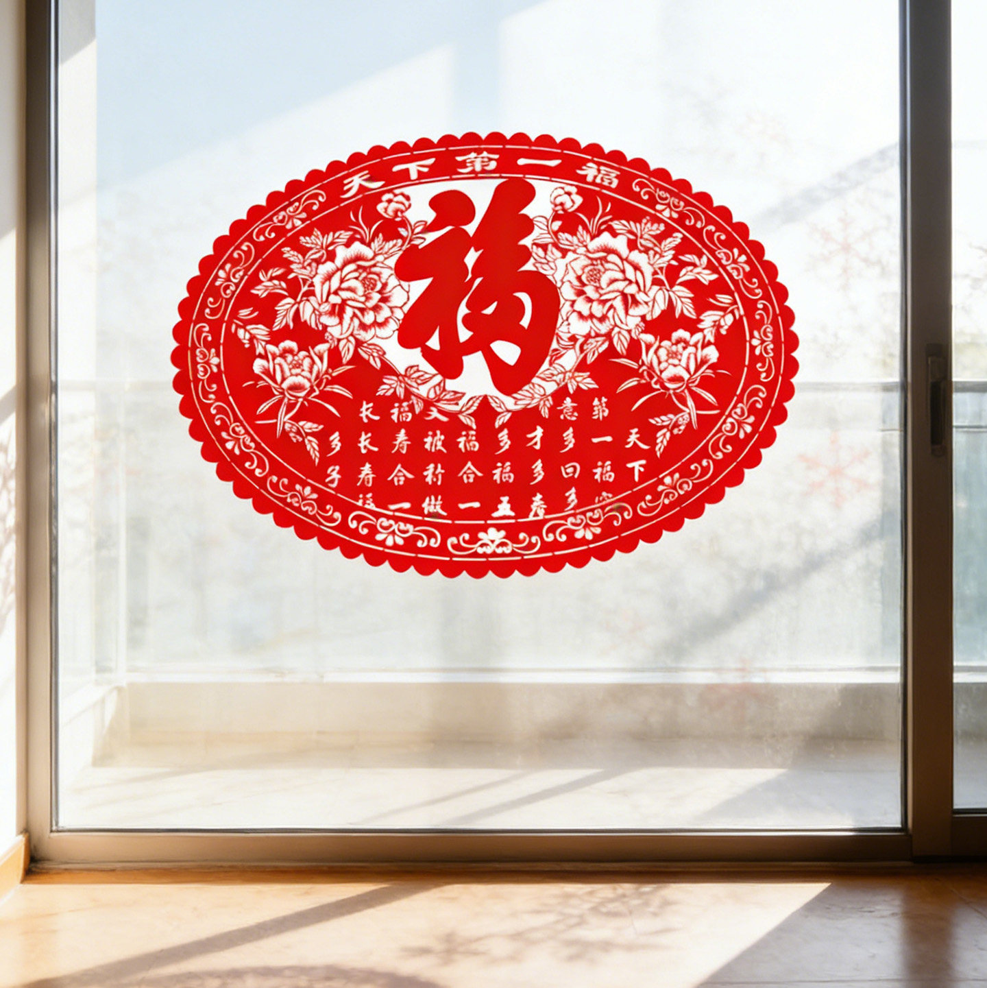 元旦马年画新款2026椭圆无纺布玻璃雕刻纸剪纸窗花贴电视墙贴装饰