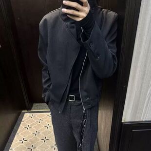 韩国 羊毛廓形人字纹叠门襟正肩拉链可立领短宽夹克外套cleanfit