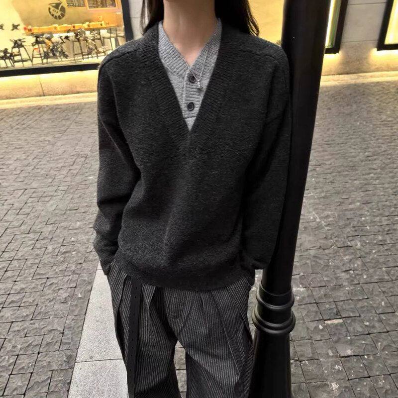 韩国 老钱风深V领假两件毛衣男休闲氛围感纽扣宽松针织衫cleanfit