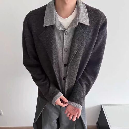 韩国 cleanfit穗艺假两件花纱拼接麦穗撞色冬季重磅开衫针织毛衣 - 封面