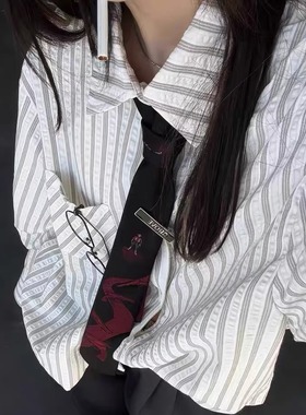 韩国 条纹泡泡纱衬衫休闲正肩长袖高智感复古条纹上衣美式慵懒风