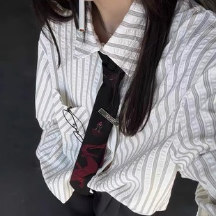 韩国 条纹泡泡纱衬衫休闲正肩长袖高智感复古条纹上衣美式慵懒风