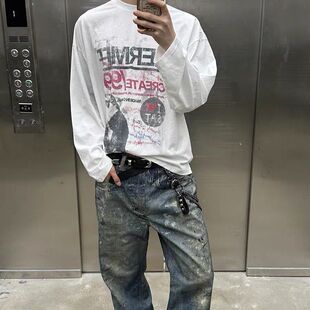 韩国 T恤卡通猫咪Vintage潮流 25FW春秋做旧喷脏精梳棉印花长袖