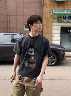 韩国 300G重磅夏季水洗印花短袖恶搞六眼老鼠创意印花VintageT恤