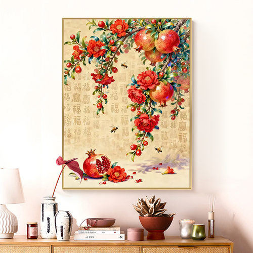 百福图石榴花十字绣2026新款爆款客厅高级感手工刺绣装饰画玄关