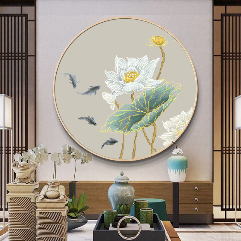 正品精准印花十字绣线客厅满绣卧室圆形荷花鱼玄关手工简单刺绣画