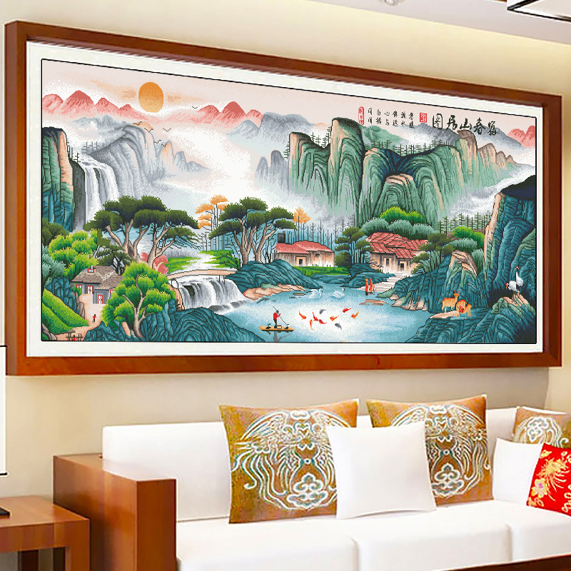 正品精准十字绣客厅线绣满绣中式山水富春山居图横幅手工刺绣画