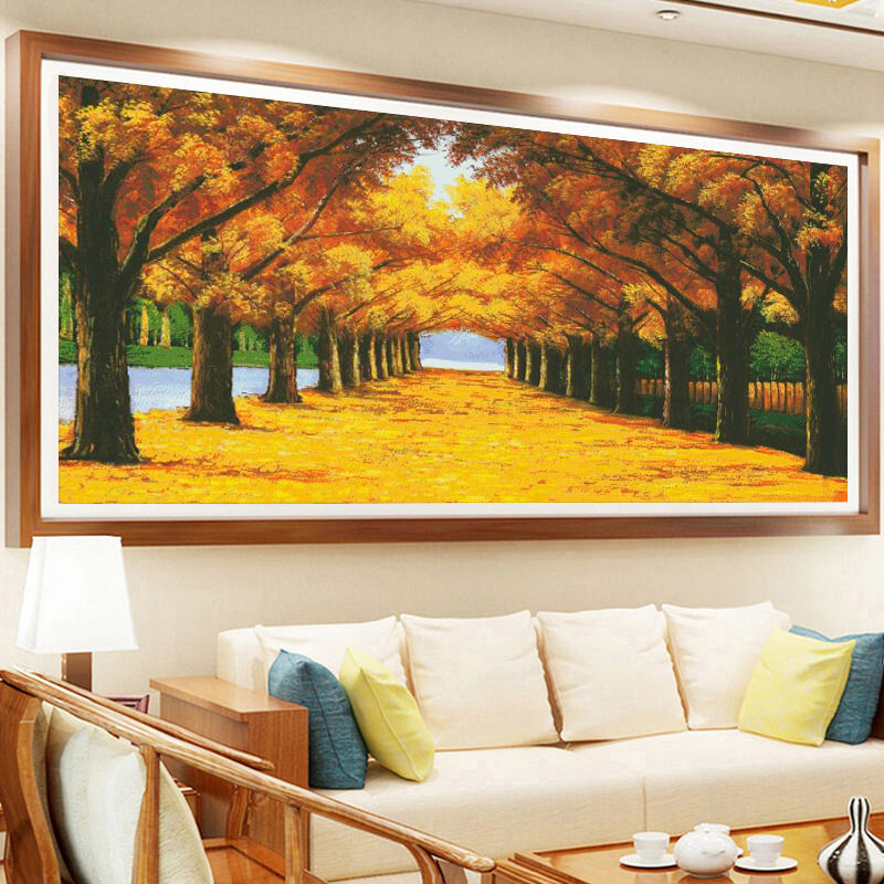 精准印花十字绣横幅线绣客厅刺绣黄金满地发财树沙发背景墙棉线画