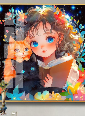 猫咪女孩十字绣钻石画 新款客厅卧室精准印花满绣自己绣-非成品