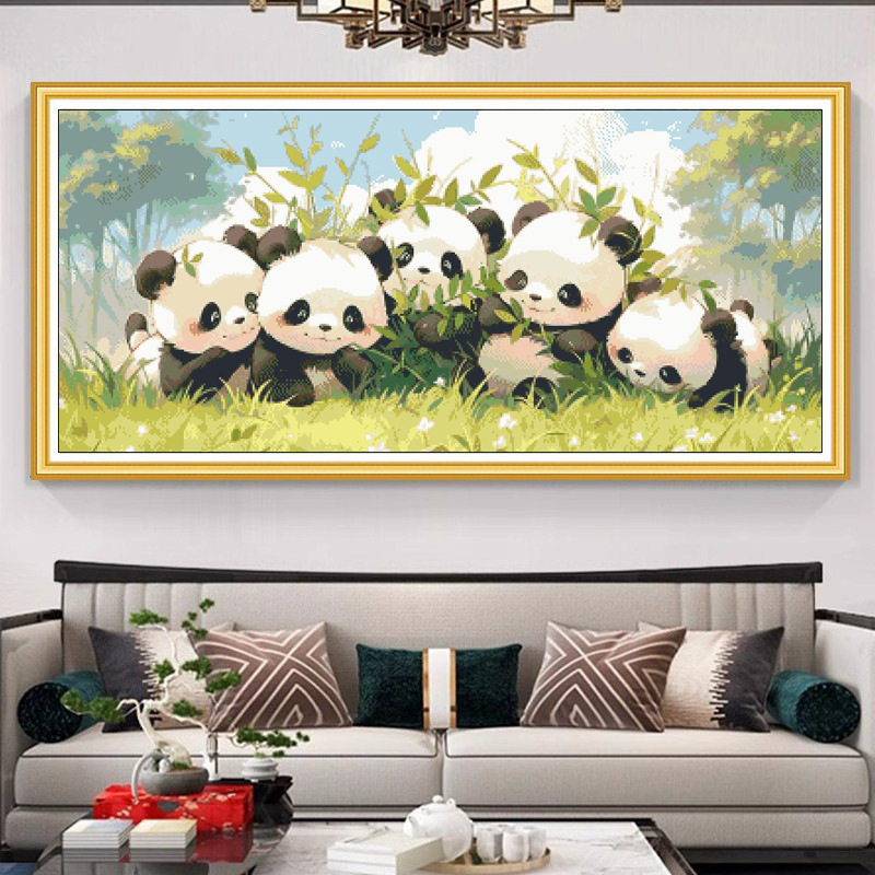 正品精准十字绣线绣客厅卧室餐厅Q版可爱风大熊猫手工简单刺绣画