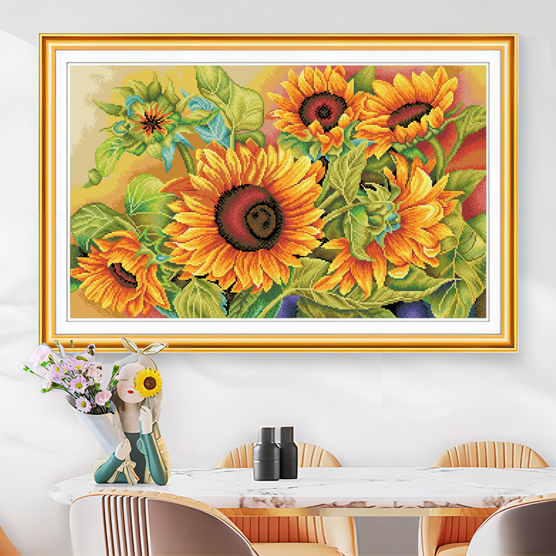 正品精准印花十字绣客厅线绣小件满绣玄关向日葵花卉图手工刺绣画
