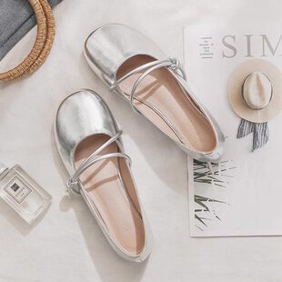 时尚银色夏季新款小银瓢平底单鞋女浅口软皮百搭仙女配裙玛丽珍鞋