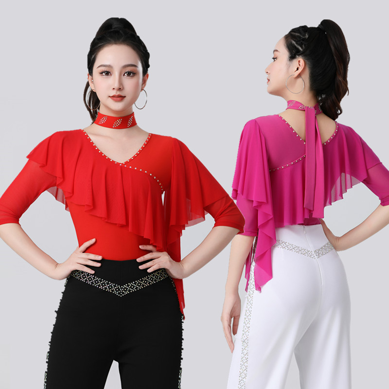 新款舞蹈上衣女V领中袖荷叶边烫钻连体衣广场舞拉丁舞弹力跳舞衣