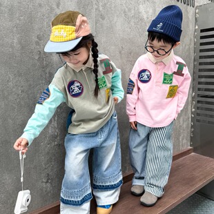 小豆仔春款儿童宽松拼色贴标长袖POLO衫T恤男女童春装长袖上衣
