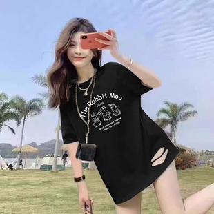 黑色t恤女2025夏季新款洋气宽松破洞设计感纯棉体恤简约短袖上衣