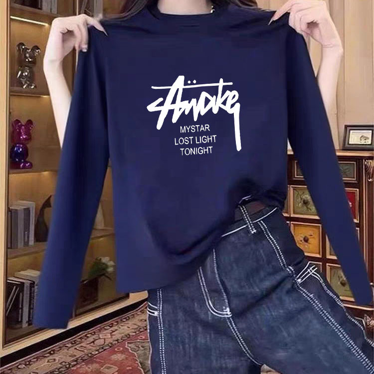 正肩纯棉长袖t恤女藏青色百搭洋气设计感上衣打底衫2025新款秋季