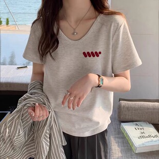 美式复古v领短袖正肩印花休闲t恤女2026夏季花灰色宽松百搭上衣潮