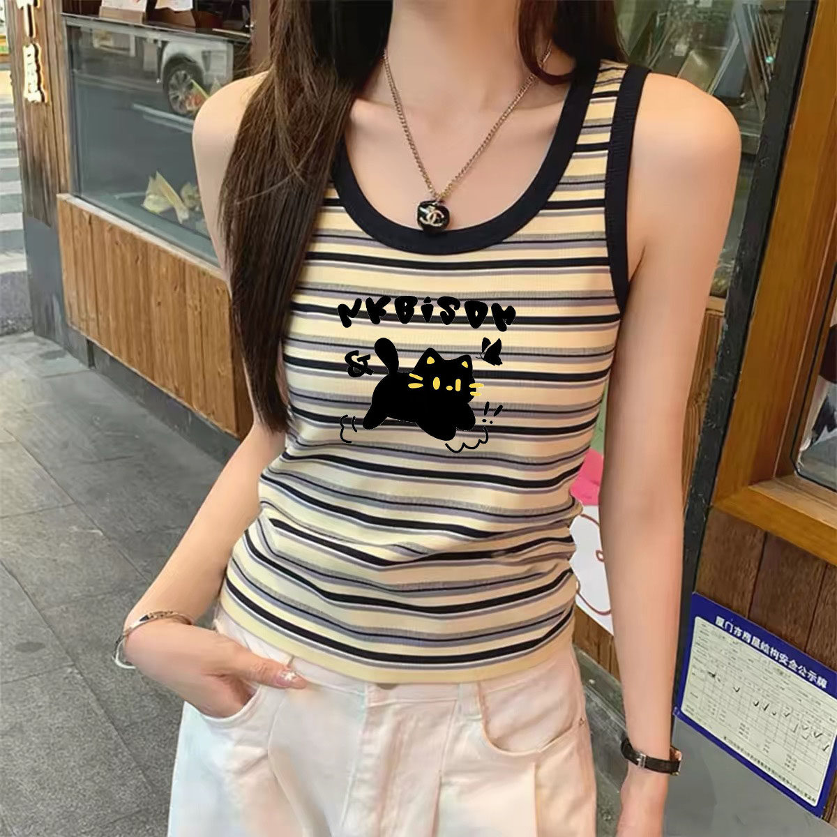 纯棉复古撞色条纹背心吊带女显瘦夏季2026新款无袖防走光上衣打底图片