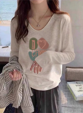 2026新款正肩V领纯棉长袖t恤女上衣时尚百搭洋气花灰色T恤春秋冬