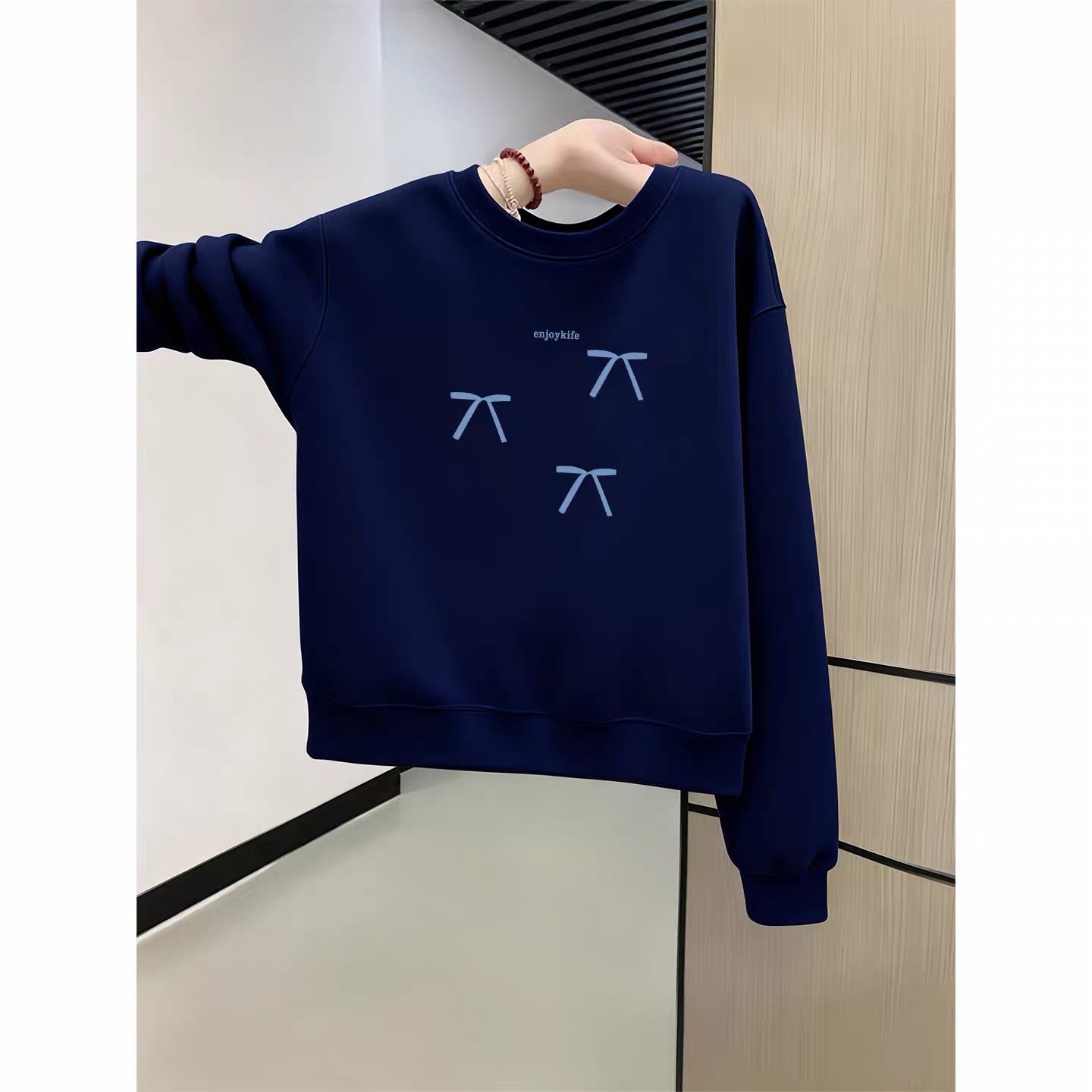 藏青色圆领卫衣女2025新款加绒加厚春秋冬季内搭洋气减龄长袖上衣