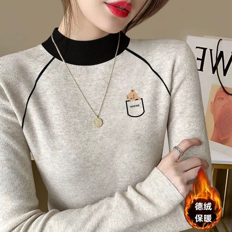 德绒撞色拼接长袖T恤2025秋冬季新款简约百搭打底衫女半高领上衣