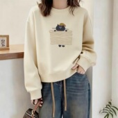 上衣 洋气小个子长袖 纯棉杏色圆领卫衣女2025春秋冬新款 慵懒风时尚