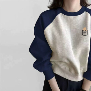 宽松卫衣加绒爆款 2025新款 休闲撞色拼接圆领女春秋冬季 欧洲站时尚