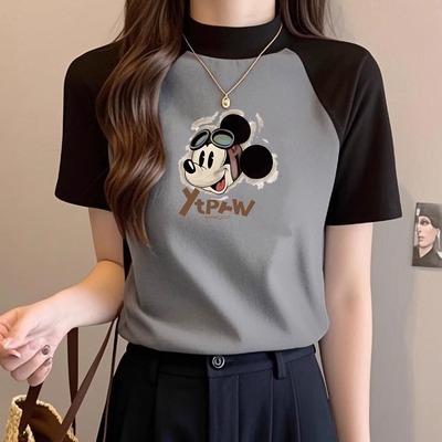 纯棉撞色短袖t恤女2025夏季新款高级感上衣半高领内搭插肩打底衫